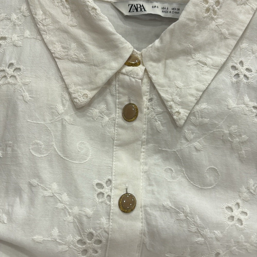 Zara Womens White Long Sleeve Button Up Eyelet Mini Dress - Size S - Picture 4 of 7